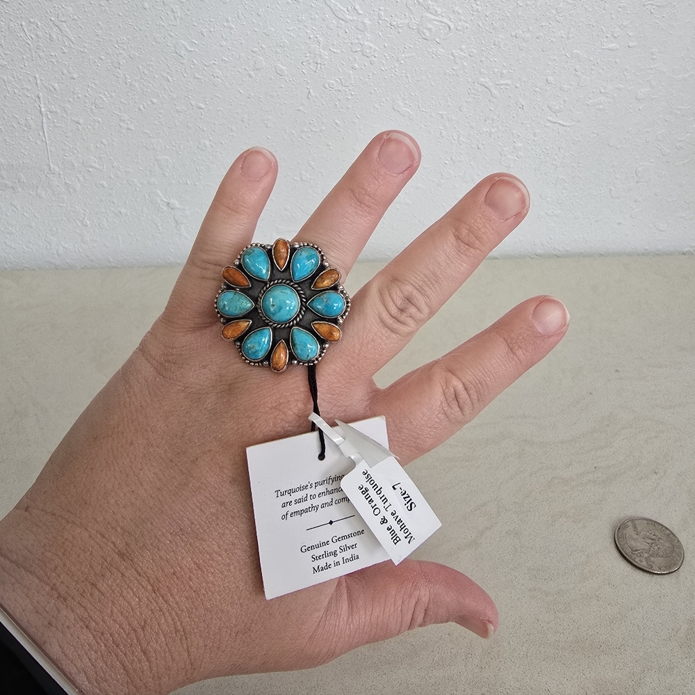 Large Sterling Silver Mohave Blue & Orange Turquoise Cluster Floral Ring 7 NWT